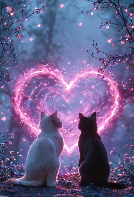 photograph of two cats sitting on a tree branch, facing each other in an intimate and harmonious pose. The left cat is black, while the right cat is white, creating a striking contrast. They are surrounded by delicate, blooming branches with small flowers, adding a serene and romantic atmosphere. The background is softly blurred, focusing the viewer's attention on the cats and their interaction. The lighting is soft, emphasizing the texture of their fur and the gentle ambiance of the scene. <lora:Anime v1.3:1.2> <lora:Blue_Future:0.9> <lora:Ethereal Brush Anime v2.0:0.6> <lora:It's a LoRA for portraits, BUT! actually specialized in backgrounds. v1.0:0.2>,pink heart in front of them,   ethereal glowing swirls, mystical light particles, dreamy atmosphere, vibrant neon mist, twilight city street, hyper-detailed fabric texture, soft illuminated fog, cinematic soft lighting, glowing blue and magenta hues, fantasy realism, enchanted night