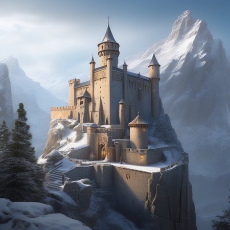 a castle on a (rock spire), battlement, Machicolations, a stairway to the keep, doorway,  mountain in background, very wide shot, fantasy, atmospheric effects, snow, best quality, masterpiece, realistic, photo-realistic, amazing, finely detail, ultra-detailed, highres, extremely detailed, 8k wallpaper