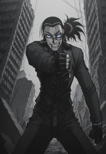 masterpiece, best quality, amazing quality, masterpiece, best quality, amazing quality, 1Boy, DarkWalter, blue eyes, black hair, back slicked ponytail, red hair ribbon, monocle, monocle over left eye, black tie, black vest, black pinstripe shirt, black pants, black fingerless gloves, keychain, standing. cowboy shot, dynamic pose, perspective, looking at viewer, angry, clenching teeth, ruins, blood on face, blood on mouth, evil smile,evil grin,crazy eyes, greyscale, monochrome,