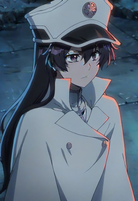 source_anime, anime screencap, anime coloring, nsfw, uncensored, <lora:Bambietta_Basterbine:1>Long hair, black hair, hair between eyes, dark purple eyes,, hat, peaked cap, white headwear, white gloves,