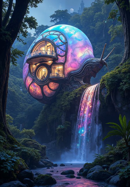 A surreal architectural marvel: a house seamlessly integrated onto a colossal, luminescent snail shell resting in a twilight forest glade. The dwelling, an 8k masterpiece, boasts organic glass walls and sleek metallic accents, blending harmoniously with natureâs intricate textures of mossy bark and dewy ferns. Iridescent hues and soft moonlight create dramatic, dreamlike shadows across elaborate latticework and graceful curves. A vibrant waterfall cascades nearby, its sparkling droplets merging with ethereal neon glows, while futuristic design meets ancient woodland charm. Detailed, intricate textures, dynamic spatial composition, and a refined surreal atmosphere evoke a sense of wonder and innovative serenity. <lora:CPA:0.5> <lora:Chris_Luka:0.5> <lora:aidmaMJ6.1-FLUX-v0.4:0.5> <lora:flux_dev:1>