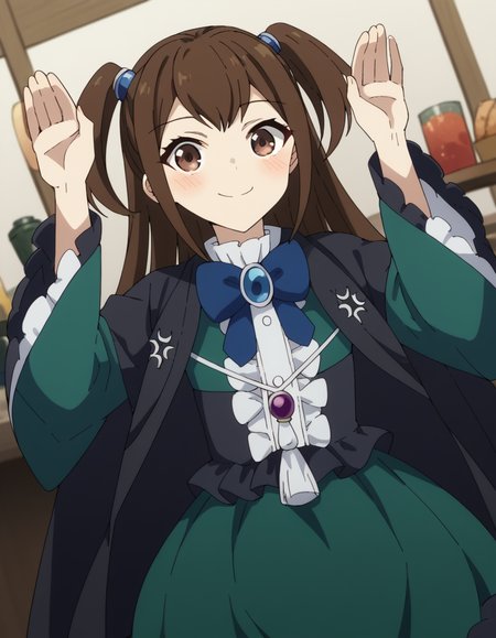 score_9, score_8_up, score_7_up, source_anime, <lora:kizuna-kazayama-s2-ponyxl-lora-nochekaiser:1>, kizuna kazayama, long hair, brown hair, brown eyes, two side up,, long sleeves, dress, bow, frills, wide sleeves, bowtie, cape, blue bow, brooch, green dress, black cape,, restaurant, tables, food, waiters, guests, smile, <lora:rabbit-pose-ponyxl-lora-nochekaiser:1>, rabbit pose, smile, blush,, looking at viewer, solo,, dutch angle, cowboy shot