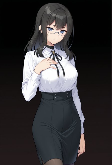 <lora:Sennyuu_Sousakan_Kirika_ill_v1.1:0.8>,kirika,black hair,long hair,dark blue eyes,medium breasts,
semi-rimless eyewear,glasses,white shirt,collared shirt,black neck ribbon,pencil skirt,pantyhose,
1girl,solo,
standing,hand on own chest,
dark theme,
BREAK, textless version,