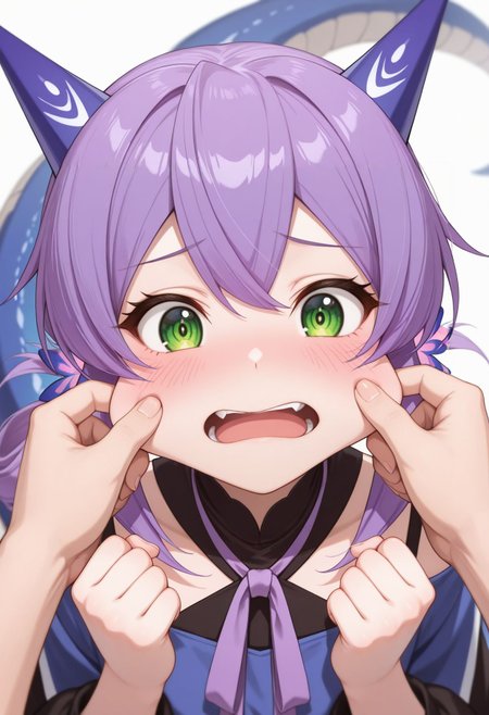 masterpiece,best quality,absurdres,highres,very aesthetic,high quality,detailed,insanely detailed,beautiful,
 <lora:Flatorte illu:1> 1girl, purple hair, long hair, green eyes, hair ornament, dragon girl, dragon tail, 
 open mouth, pov hands, cheek pinching, solo focus, long hair, blush, clenched hands, neck ribbon, portrait, hands up,