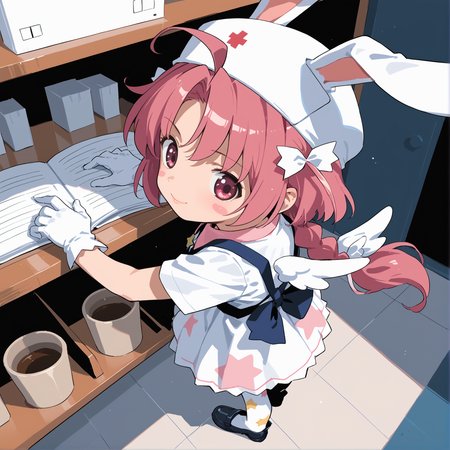 PonyScores7, source_anime, ah1, 1girl, lips, bad-hands-5, <lora:xl_more_art-full_v1:0.2>, <lora:shinyskin2:0.2> glistening skin, <lora:aesthetic_anime_v1s:0.2>, <lora:Expressive_H:0.2> Expressiveh, <lora:hairdetailpxl:0.2> hairdetailpxl, <lora:EpicF4nta5yXL:0.2>, <lora:detailxl:0.2> detailxl, <lora:Fant5yP0ny:0.2>, best quality, amazing quality, best aesthetic, absurdres, <lora:expressive eyes:0.2> expressive eyes, <lora:eyedetailpxl:0.2> eyedetailpxl, illustration, Volumetric_Lighting, ultra-detailed, very aesthetic, intricate details, 8k, masterpiece, best_quality, (A playful smirk with one eyebrow raised and a glint in the eye), (High Angle (from the side) view Close shot), (bowling alley), (A woman standing with one hand resting on a chair, the other on her hip, looking down), <lora:Eyes_High_Definition:0.3> EyesHD, looking at viewer,  Stable_Yogis_PDXL_Positives, AS-Adult, <lora:nakahara_komugi_pony_v1:0.8> nakahara_komugi, pink hair,hat, animal ears, braid, pink eyes, ahoge, long hair, rabbit ears, wings, star print, jewelry, star (symbol), dress, white gloves, stickers, zettai ryouiki, print thighhighs, winged footwear,