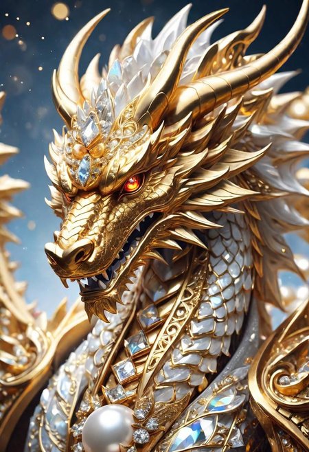gleaming diamond dragon with golden accents, radiating light, amidst brilliance, symetrical hyperdetailed texture, pearl filigree, concept art, artstation,  perfect composition, masterpiece, glittering professional photography, macro, natural lighting, canon lens, shot on dslr 64 megapixels sharp focus ethereal