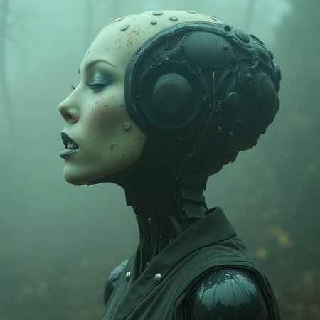 ((android:1.8) Geisha from film ghost in shell:1.5) cyborg parts,scream, creepy, dark movie atmosphere,, fog, natural light