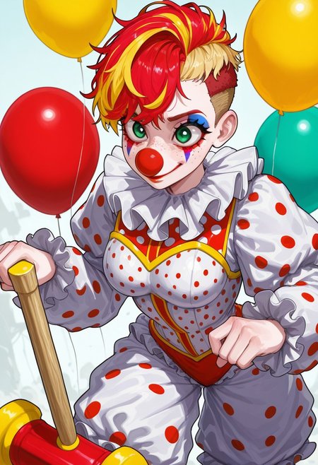 Pst,
1girl, solo, short hair,red hair, blonde hair, undercut,multicolored hair, frilled white armor, polka dot armor, green eyes, big eyes:1.2, freckles:2.0,
medium breasts,atlethic body, 
clown, clown clothes, frilled onesie ,epic colors, giant hammer, red nose, red balloon, yellow balloon,rubber hammer,
 ,solo