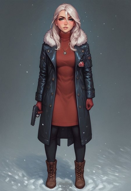 score_9, score_8_up, score_7_up, BREAK,
1 girl, portrait, winter jacket with fur hood, long hair, winter, snowfall, 1girl solo, white hair, looking at viewer, bangs, day, blue sky, hair between eyes, outdoors, blush dramatic lights, relax, ((long big pistol in hands, handgun in hands)) 
(((full-clothed))),
BREAK 
strange world background score_9, score_8_up, score_7_up, score_6_up, source_cartoon, rating_explicit, Expressiveh, (((((full body))))), dynamic pose