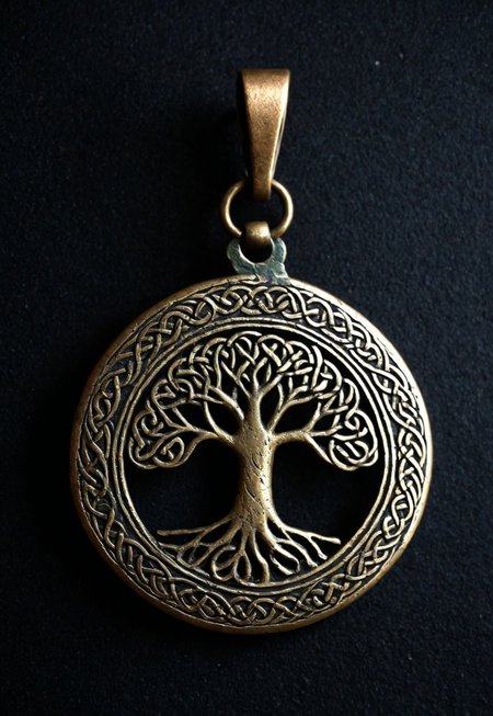 score_9, score_8_up, score_7_up, score_6_up, ((highly realistic, highly detailed, intricate details, photorealistic, photography, photo)), ((high quality:1.4, best quality:1.5)), ((full view, pov from above)), view of an antique amulet exposed in an museum, the antique amulet have an circular shape, the antique amulet is entierly made of old bronze with and aged copper inlay, the all antique amulet have an aged patina on it, the antique amulet come from old Celt civilisation, embossed antique amulet, the embossing represent celtic tree of life, (sharp shadow, dim light, low light, dramatic light), fixl-art