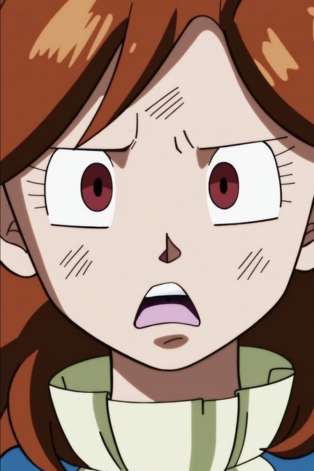 source_anime, score_9, score_8_up, score_7_up, anime screencap, absurd res, high quality,
sanka coo, meme, 1girl, solo, medium hair, looking at viewer, open mouth, brown eyes, upper body, arms by side, detailed, brown hair, upper teeth, tired, messy hair, dirty clothes, dirty face, eyelashes, fire background, blue dress, ascot, 
 <lora:Kamikaze_Fireballs_v1:0.8>