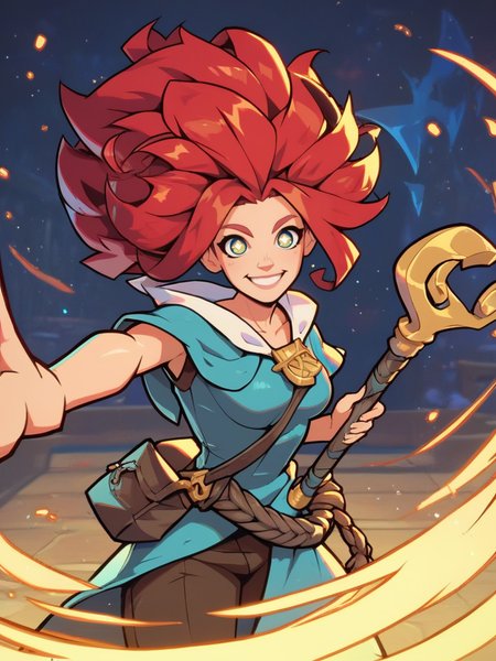 score_9, score_8_up, score_7_up, cute girl, musical note, tunic, magical staff, red hair, big hat, epic pose, light smile, bright pupils, particles around, splash art, pants, looking at viewer, cowboy shot, dynamic pose, smile, cute, wide shot, solo, dutch angle, 
 <lora:2XKO_style:1>, 2XKO, wide shot,