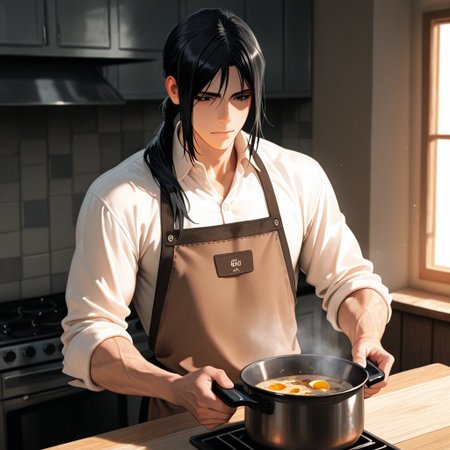 masterpiece, best quality, amazing quality, absurdres, newest, detailed background, definition so sharp, Ultra-HD, 8K cinematic, very awa, impressionate, amazing quality, highres, 
solo, male focus, manly, 
kurohyatogami, kuroh_black hair, kuroh_black eyes, 1boy, low tied hair, long hair, 
cooking, focused expression, apron, kitchen, steaming pot, warm lighting, cozy, caring, calm, cool, inviting, domestic