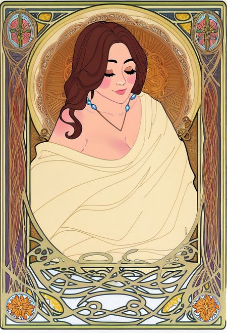 tarot card of the high priestess representing a clearly distinguishable Ava Addams , avall, brown hair, jewelry, medieval drawing, jimf, 1girl, goddess, stylized,  art nouveau, celtic ornamental intuitive, unconscious, divine feminine, frame, masterpiece, great art, high quality, best quality, minimalisme, 8k, few colors,