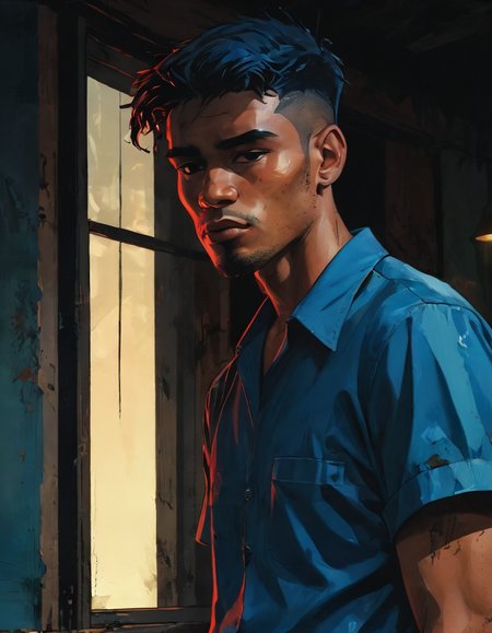 hyperrealistic long with low angle dark and gritty impactful paint of a heavy brazilian melancholic male mechanic wearing a montera picona and h&m clothes  looking out the window, short cerulean hair, outside in Cameroon in the afternoon autumn, inspired by futuristic anime, (accent lighting:1.6)<lora:The_Pulp_Session:0.90>
