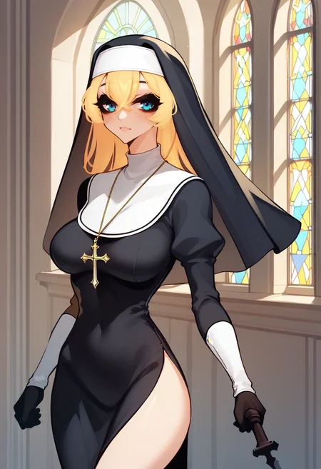 score_9, score_8_up, score_7_up, source_anime BREAK 1girl, solo, <lora:sachiko-artist-richy-v1_pdxl:1> blonde hair, long hair, nun, standing, habit, blue eyes