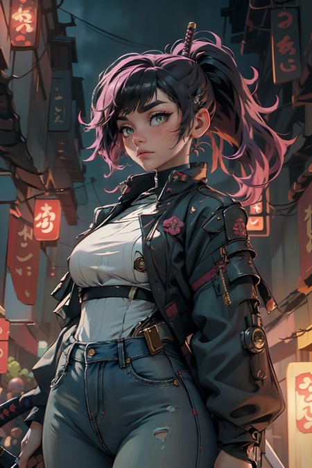 highres, masterpiece, perfect lighting, bloom, cinematic lighting, adult, female, looking at viewer, cowboy shot, (RSEEmma:1.5),<lora:RSERomantic_RSESofiko_RSEEmma-v1:0.3>,nijisamurai, samurai jacket, jeans, cyborg, <lora:Samuraibot:0.8>  side-swept bangs, black hair, pink IncursioDipDyedHair, messy mid ponytail, green eyes, thick eyebrows, freckles, <lora:DipDyedHair:1>
