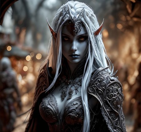 RAW photo, (masterpiece:1.3), subsurface scattering, heavy shadow, (high quality:1.4), (intricate, high detail:1.2), professional photography, HDR, High Dynamic Range, realistic, ultra realistic, photorealistic, high resolution, film photography, ambient lighting, atmospheric effects, <lora:detail_slider_v4:2>, OverallDetail, a beautiful female drow warrior, DarkElves, wearing intricate robes, in a marketplace in a drow city, <lora:DarkElves-10:0.8>, ((perfect hands)), <lora:Drow:1>, epiCPhoto,
