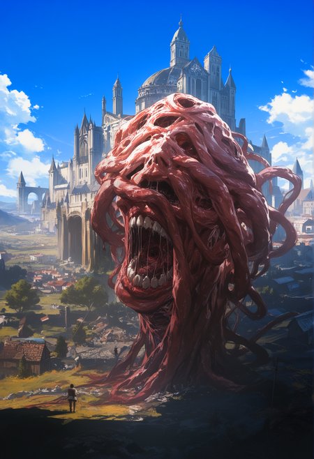 very awa, (anime screenshot:0.8),  (artist:guru:0.8), (stu dts:0.5), monster, titan \(shingeki no kyojin\), body horror, full body, day, summer, european architecture, medieval, (cityscape:0.8), foreshortening, [masterpiece:0.15], [best quality:0.15], [newest:0.15], [absurdres:0.15],