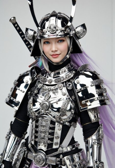 a high-fashion Face CloseUp of a shyly laughing White ciri with fair skin and delicate freckles. She wears an elaborate, futuristic armor inspired by the Japanese Edo period and Warhammer aesthetics. Her bright blue eyes peek out beneath an oversized kabuto-style helmet. The armor is crafted from an intensely reflective, mirror-like silver material, so polished that it catches and mirrors everything around her, creating an almost blinding effect with every movement.
The helmet gleams with a flawless shine, its dragon-like crest reflecting the light in striking patterns Like the chainsword SHe holds. The armor’s silver plates are highly reflective, amplifying the surroundings as they curve around her body, making her appear as though she's wearing pure, polished glass that constantly shifts with light and shadow.
Behind her, a translucent cape flows in the wind, glowing with soft, rainbow-like colors that shimmer and change. The ethereal, prismatic hues dance as the cape moves, adding a magical, surreal quality to her powerful yet approachable presence. The contrast between the brilliant silver of her armor and the softly glowing cape gives her an otherworldly, almost celestial appearance.
Set against a simple light gray background, the bright reflections of the armor and the glowing colors of the cape create a captivating balance, allowing her mighty sword to shine through amidst the dazzling display of light and color.