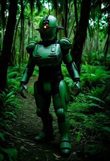 easynegative, extremely detailed, dark, chiaroscuro, low-key, AssaultronCosplay, zavy-strps, a green assaultron robot, the assaultron has black stripes painted on its armor, tiger stripes, in the jungles of vietnam