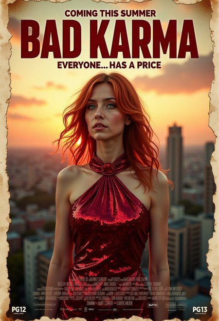 style of old movie poster. (Banner text: "BAD KARMA").
movie headline medium letters: (text: "COMING THIS SUMMER"). 
underline (text: "EVERYONE... HAS A PRICE").
cinematic poster background made of a city landscape during peaceful afternoon sunset backdrop. extremely detailed old stained paper with coffee and burn stains with creased corners and edges. bottom of poster has movie taglines with various movie style logos. small letters: (text: "IN CINEMAS"). (text:"PG-13").
oldpprCE style.
a corporate business woman is the focus of the poster. head to waist only in frame. she is wearing long ruby red sequin dress. eyes are emerald green. almost melancholic undertone. fair porcelain skin. fiery red hair with a few strands framing her face. high definition detail. relaxed shoulders. glamorous women art. photo-realistic. featuring woman with striking pose. giving impression of tranquility or possibly a dreamlike state. 1900s photo deep field vignette antique-style effect.