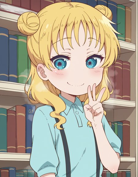 score_9, score_8_up, score_7_up, source_anime, <lora:dragon-chloe-s2-ponyxl-lora-nochekaiser:1>, chloe, blue eyes, blonde hair, hair bun, double bun, child, female child,, skirt, shirt, thighhighs, collared shirt, suspenders, blue shirt,, bookstore, browsing shelves, new book smell, finding a favorite, quiet atmosphere, , , v, v over mouth, smug,, solo,, dutch angle,