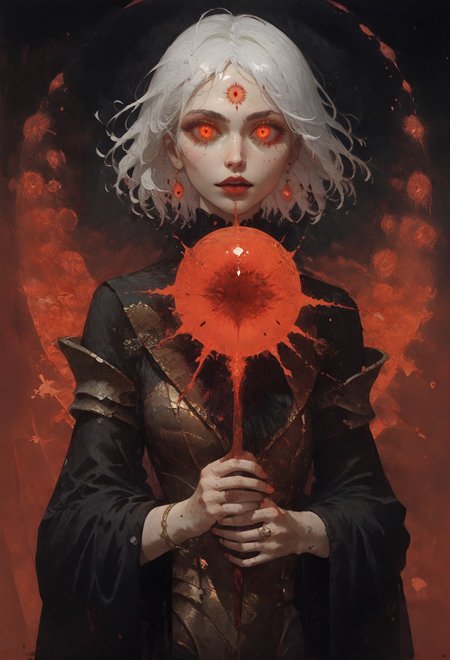 (score_9, score_8_up:1.1), score_7_up,  Elegant, etheral presence, white hair, woman, solo, glowing eyes, an enigmatic aura, shadows, fiery light, dark and red ambiance, depth blur, enigmatique, mysterious, armored dress, beutifuly, curvy, dark dress, infected face  <lora:Expressive_H-000001> expressiveh <lora:vixon gothic oil style:0.7> d4rk01l <lora:Gothic Art 2 Style SDXL_LoRA_Pony Diffusion V6 XL:0.5> <lora:Mon_XL:0.8>