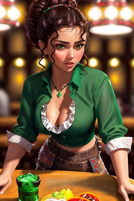 sexy senorita mexican western RPG character painting brunette hair upsweep updo emerald button shirt at a cantina sitting bar tequila
(masterpiece:1.4) (best quality:1.4) (8k) (HDR) (wallpaper) (cinematic lighting) (sharp focus) (intricate) (ChloeNobodySD15:1.0)