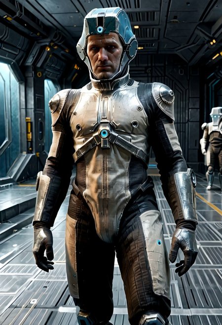 Corpus crewman in a spaceship corridor, science fiction,  dramatic shot, male focus, 1boy, male corpus crewman wearing corpus crewman helmet,  robot, rectangular helmet, blue light bar on helmet, brown and black corpus crewman suit, (helmet with hard edges, helmet with a flat front face, helmet with hard corners, helmet with blue light strip), black shoulder pad, tubes from metal chest plate, black gloves with silver palms, blue circle near hips,  metal bands below fore arm, fit, athletic build, square patch on thigh, holding electric baton,
realistic texture, realism, best quality, 
(((Corpus, corpus crewman, Tan and black corpus suit, corpus tileset,    Corpus helmet, wearing helmet, wearing corpus helmet,))) moa in the background, two legged robot in the background,