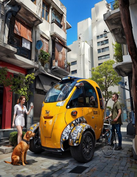 Art by Andrian Luchian. A futuristic, cyberpunk cityscape with a vibrant and vibrant atmosphere, featuring a yellow, sleek, futuristic vehicle with the words "neo taxi" written on the side, parked on a cobblestone street in the middle of the image. the vehicle has a sleek, modern design with large, angular headlights and a small, brown dog sitting next to it, looking at the viewer. the scene is set in an urban setting with tall, dilapidated buildings, trees, and other pedestrians, showcasing a mix of modern and futuristic elements. the cityscape is bustling with activity, with a focus on the vibrant colors and textures of the buildings and the atmosphere, creating a sense of depth and dimensionality. on the left of the vehicle, a woman with long brown hair and a slender build, wearing a white dress stands with her dog, while on the right, a man with a muscular build and a woman with short brown hair stands with their dog, both wearing casual clothing. the man is holding a bicycle, and the woman is looking at him with a smile, while the dog is sitting beside them, adding a touch of companionship to the scene.