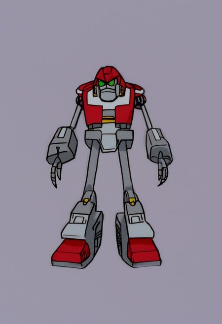 MetalKnuckles, 1boy, robot, mecha, red body, round head, medium-long metallic gray muzzle, pointy gray nose, green eyes, black sclera, colored sclera, five long strips of red metal with joints. white intake tips extending downward from the sides and back of head, red ellipsoid torso, rectangular intake with a white rim on chest, rocket exhaust on rear, gray upper arms, red forearms, long and thick paws with two gray and sharp claws for fingers, white rims around the claws, yellow circles on the back of the paws, gray upper legs, red lower legs, red shoes, green cuffs, yellow stripes across the middle, dark gray soles, and bolted gray plates on top of feet, solo, full body, Transformers, Animation, <lora:Transformers 86 FT:1>