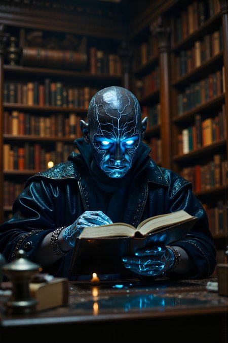 A hyper-realistic portrait, photorealistic photo close-up image of In a grand library filled with towering shelves of ancient, leather-bound books, a scholar with glowing blue eyes and softly crackling skin pores over a tome, his hands carefully turning the delicate pages. The other scholars in the room, with their parchment and quills, move in silence, their robes rustling softly as they go about their work, but they give the glowing figure a wide berth. His skin, faintly illuminated by an inner light, is too bright for the dim, candlelit room, and the gentle crackling sound of his energy disrupts the otherwise peaceful atmosphere. The knowledge in the room is vast, ancient, but the scholar knows he will never truly belong among these humans, who look at him with a mixture of awe and fear. He understands the languages of the books better than anyone else here, but his very presence is a reminder that he is something other, something unnatural. The scholars around him, with their quiet whispers and hushed movements, are a world away, even though they are in the same room.(photography, high-resolution, dynamic, energetic,hyper-realistic, dramatic lighting, shallow depth of field.), detailmaximizer, MythP0rt<lora:aidmaMJ6.1-FLUX-V0.1:0.6><lora:Movie_Portrait><lora:Flux DetailerV2>
