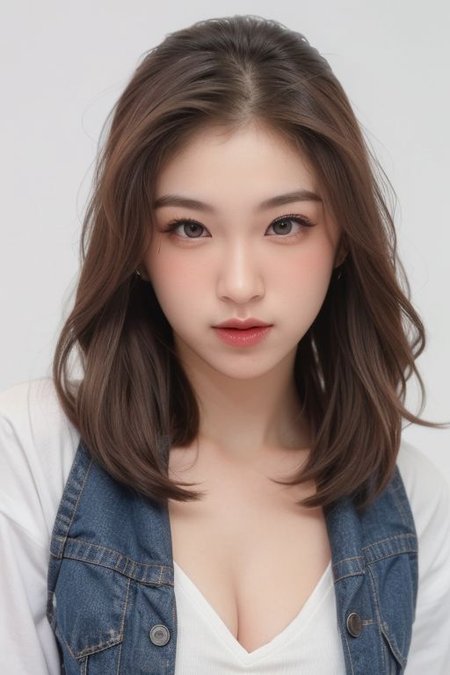 (sport bra, sexy jeans, jacket), collar bone, collar cocker, perfect face shape, (perfect eyes, bright eyes, downing eyes, perfect eyes looking), (fullbody shoot:1.2), {smirk|parted lips}), cleavage, (medium breast:1.2), looking at viewer, (shiny skin, pale skin, clear skin), (messy medium hair : 1.2), focus on face, ((white background, simple background)), (make up, eyelash, blush, red lips), (dinamic pose, profesional model pose, naughty pose)