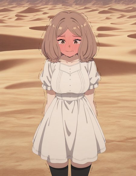 masterpiece, best quality, newest, absurdres, highres, safe,, <lora:mage-edel-s1-illustriousxl-lora-nochekaiser:1>, edel, brown hair, brown eyes, medium hair, medium breasts, anime screencap, thighhighs, dress, black thighhighs, white dress, short sleeves, puffy sleeves, puffy short sleeves, desert, sand, dunes, cacti, heat, , ijimeka (meme), meme, full-face blush, trembling, embarrassed, wavy mouth, tears, tearing up, blush, looking down, cowboy shot, looking at viewer, solo,, cowboy shot, solo