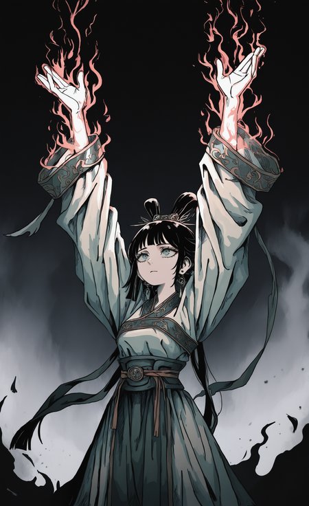 masterpiece, best quality, good quality, very awa, very aesthetic, absurdres, newest, toon (style),haku geroda style, 1girl, solo, Chinese Girl,Looking ahead, delicate hanfu, outstretched arms, arms up,
Gathering energy, aura absorbing energy, drawing_style, dark_fantasy_style, dark fantasy, retro, <lora:ponyv6_noobV1_2_adamW-000017:0.7> <lora:USNR_STYLE_XL_lokr:0.45> <lora:EtherSDXL:0.15> <lora:dark_fantasy_anime_illustriousXL:0.4> <lora:drawing_style_illustriousXL:0.45>
