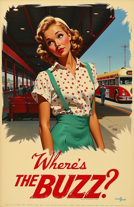 movie poster, a woman standing at an empty bus station, puzzled, confused, unsure, text: "Where's the Buzz?"  oil painting, by Gil Elvgren, movie credits,