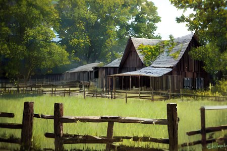 (otherworldly), highly insanely detailed, masterpiece, top quality, best quality, highres, 4k, 8k, RAW photo, (very aesthetic, beautiful and aesthetic), farm, fields, barn, fence, fantfa, <lora:FantasyFarm-10:0.8>, 
1girl, 
(blue hair ,colored inner hair), 
(olive background,soft lavender background ),âââ