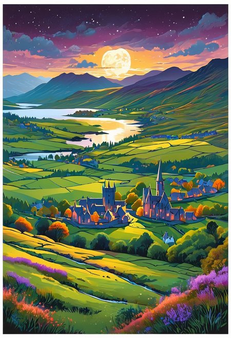 A captivating night scene illustration featuring a cozy village on a large  hill overlooking a lake in the highlands of Scotland. There are highland hills and  dotted with heather and farms all over the area. This enchanting artwork captures a serene and peaceful night, where the moon hangs over the beautiful highlands and castle which   stands resolute amidst highlands, creating a cinematic experience., illustration, cinematic
<lora:DonM3t3rn1tyXL-v1.1:0.7>, DonM3t3rn1tyXL,
OverallDetailXL  <lora:MJ52:0.3>  <lora:SDXLFaeTastic2400:0.4>  <lora:EpicF4nta5yXL:0.7>