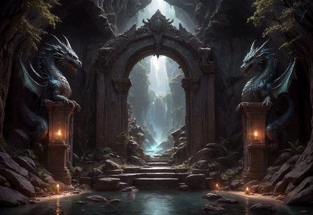 score_9, score_8_up, score_7_up, score_6_up, score_5_up, score_4_up, a mirror portal to another fantasy world among the mountains in the desert at night, inside the portal there is a black fantasy forest with streams of green water, with mystical statues of minotaurs, dragons and manticores made of stone that frame the portal, blue streams of energy flow down from the portal, huge sizes, stones, intricate elements, (natural texture, hyperrealism, soft light, sharp:1.2), (hdr:1.4), high contrast, (intricate detailed), detailed light, glare on water, reflections on objects