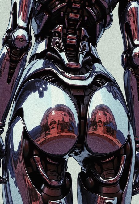 A steel shiny android woman with her back to us, hips full screen. In the reflection on her shiny ass, you can see the amazed face of a man with lush curly hair. unimaginable quality, 8K, UHD, . mythp0rt,  nigiex. Depth of field, masterpiece., 
(Depth of field), low saturation,detail. mythp0rt Stylish, charismatic.
mythp0rt, nigiex.