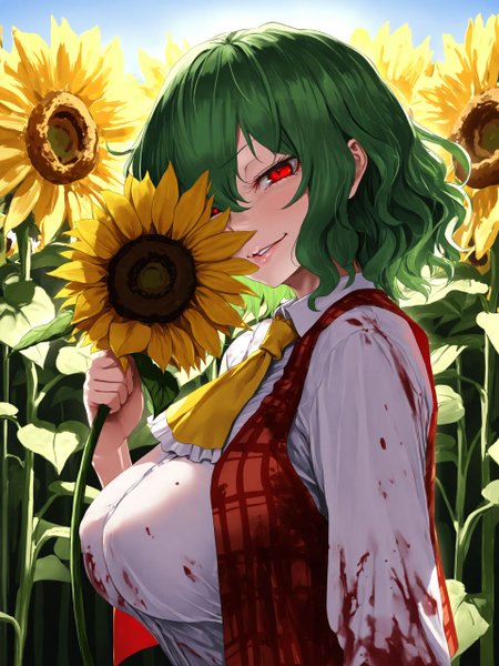 masterpiece, best quality, newest, very aesthetic, realism, hot, impressionism,
1girl, solo, kazami yuuka, sunflower field, vest, shirt,, smirk, large breasts, perky breasts,  peeking out,  head tilt, upper body, detailed eyes, lush lips, parted lips,   looking to the side, looking at viewer, wavy hair, ascot, long bangs,   horror \(theme\), peeking out, blood on clothes, from side, creepy smile, obscured, sunflower in foreground, in flowers, sunflowers in background,
<lora:tomioka_sena-000010:01>,  partially_covered face, holding, sunflower, holding_flower, blood_on_flower, blood splatter,
