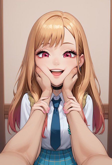 score_9,score_8_up,score_7_up, source_anime, (masterpiece), highres, 4k, 8k, 1girl, marin kitagawa, long hair, bangs, blonde hair, red eyes, multicolored hair, skirt, shirt, jewelry, school uniform, white shirt, pleated skirt, earrings, necktie, choker, bracelet, blue skirt, plaid, black choker, plaid skirt, cheek squash, very puffy cheeks, hands on another's face, hands on another's cheeks, solo focus, pov hands, happy, open mouth, big smile, gorgeous, cute, pretty, skinny, good hands, good nose, good anatomy, good face, intricately detailed face, sharp outlining, bedroom background, indoors, detailed background, vibrant colors, g0thicPXL, Expressiveh,
