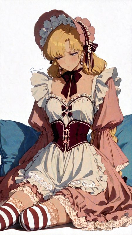masterpiece, newest,absurdres,incredibly absurdres, best quality, amazing quality, very aesthetic, (simple white background:1.2), 
1girl, slouching, yokozuwari on blue pillow, elaborate maid dress, pink dress with layered lace trim and embroidered cherry motifs, puffed sleeves with ribbon ties, frilled apron with scalloped hem, heart-shaped buttons down bodice, oversized satin bow at back, dark pink corset lacing on sides, long blonde hair styled into double braided loops, wrapped around head, side bangs curled outward, small bonnet with pearl pins, striped thighhighs, sigh,
 <lora:MJET:1> MJET <lora:NOOB_vp1_detailer_by_volnovik_v1:1>