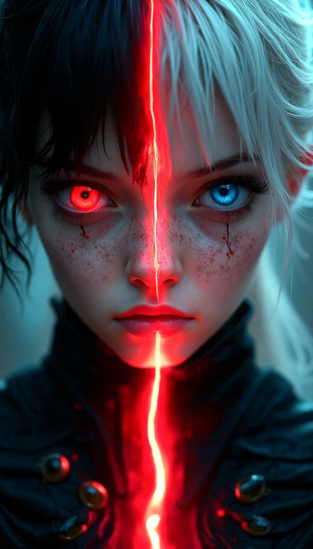 close-up of a figure with dual personalities, one side with dark hair and a red eye, the other with white hair and a blue eye, split down the middle by a glowing, red energy line.

cinematic lighting, extremely intricate detail character, accurate depiction of character, correct body anatomy, correct hands and fingers, extremely intricate skin and facial skin texture detail, lifelike potrayal, extremely realistic lighting, extreme dynamic pose. Extremely sharp detail without blurring.













