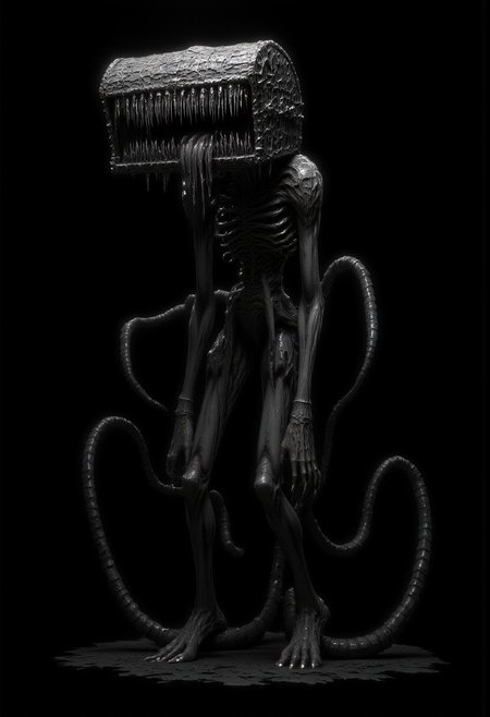 mm-style, black background, cinematic shot of a grayscale d4arks0uls Mimic, a lanky monster with long thin limbs and a treasure chest for a head