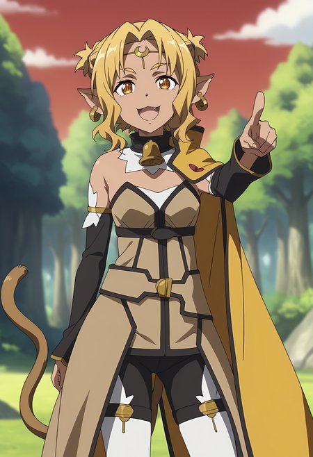 score_7_up, anime screencap,
<lora:SwordArtOnline_AliciaRueXL:0.9>,
1girl, solo, open mouth, fang, smile,
dark skin, blonde hair, medium hair, short twintails, multicolored eyes, slit pupils, pointy ears, earrings, cat tail, brown tail,
pointing at viewer, pointing,
AliciaRue, circlet, crescent, strapless dress, brown dress, yellow cape, detached collar, neck bell, detached sleeves, black sleeves, bike shorts, white thighhighs, thigh strap,
standing, looking at viewer,
outdoors, forest, red sky, blurry background