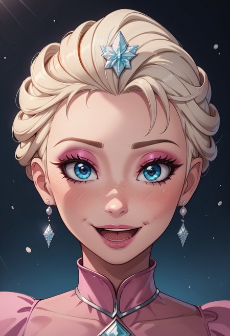 score_9, score_8_up, score_7_up,,
Elsa from Frozen, makeup, platinum blonde, light blue eyes, medium puffy, light blue eyes, long eyelashes, blushing, ginger hair stylish hair cut,
wearing pink princess gown, latex,
colored blank background, 
centered view, rim lighting, smile, open mouth, posing, 
(m31d0n0:1.2)