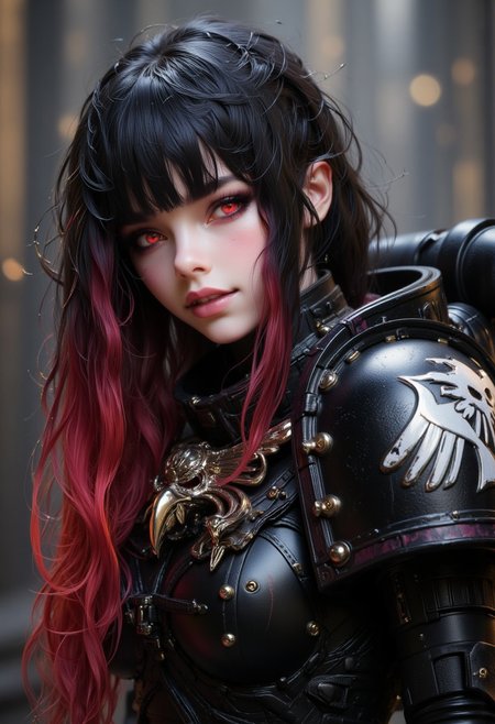 Fangs, black hair, multicolored hair, red hair, long hair, warhammer RavenG40k space marine, in power armor, red eyes, (full body), ultra realistic, delicate and smooth skin, blush, perfect body, thighs, highly detailed, glossy lips, Goth girl,