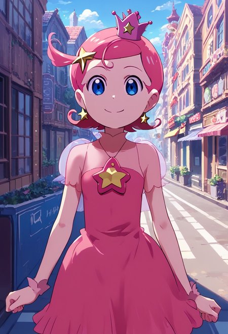 score_9, score_8_up, score_7_up,source_anime,street view, city view,komettosan, crown, head star accessory, ear accessory, female, pink hair, short hair, blue eyes, one piece dress,smile